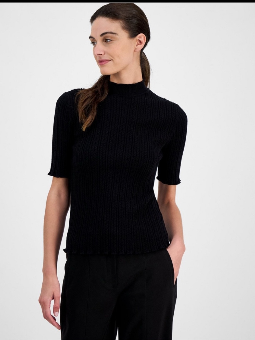 Black Short-Sleeve Mock Neck Knit Top
